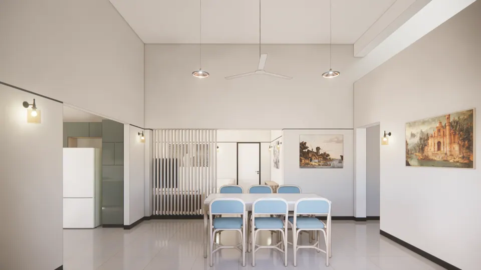 Rendered dining area: a table with six rattan chairs under two copper pendants, with the kitchen and the living room beyond