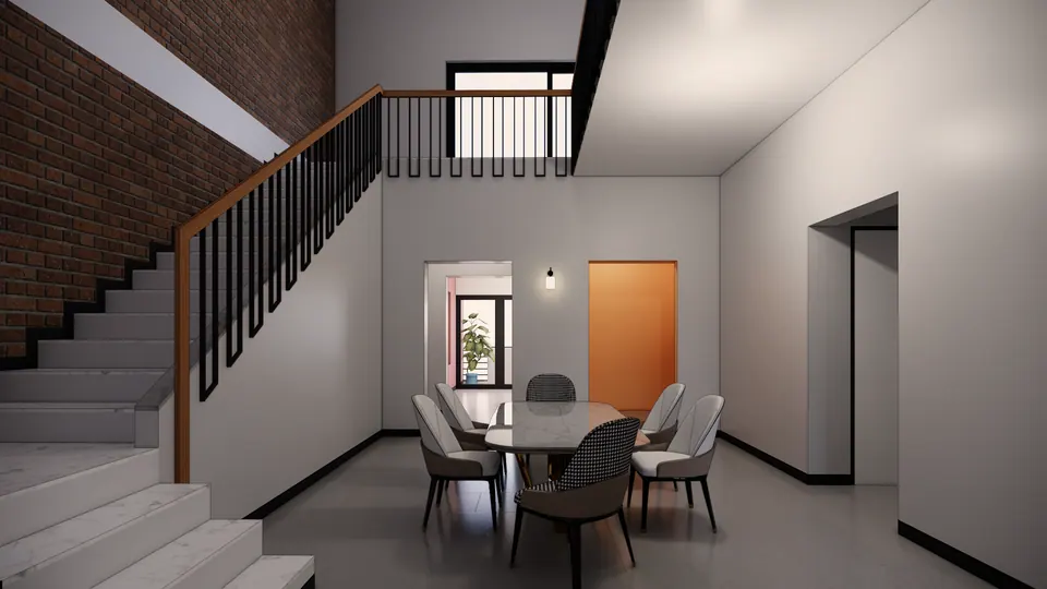 Rendered dining area under a double-height space: a marble-topped table with six chairs beside a stair with black balusters and a timber handrail