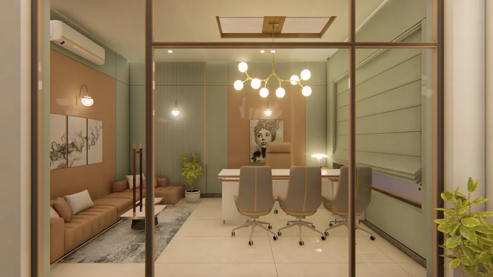 Rendered glass-walled cabin with sage and tan panelling, a globe chandelier, desk, chairs and a sofa