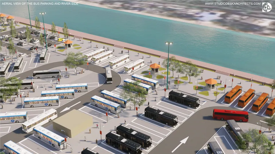 Rendered aerial of bus bays beside the river embankment, with kiosks and trees along the edge