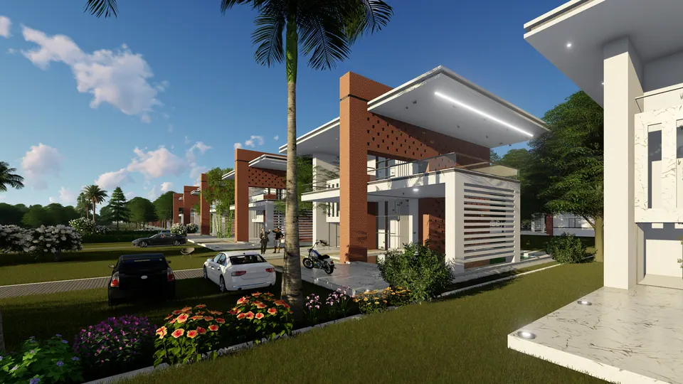 Rendered house with a brick feature wall, deep white canopy and slatted screen, cars and a palm in front