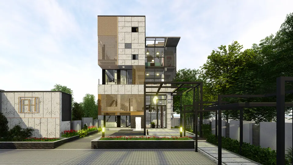 Rendered four-storey building with marble cladding, perforated copper screens and glazing behind a pergola and an FH monogram wall