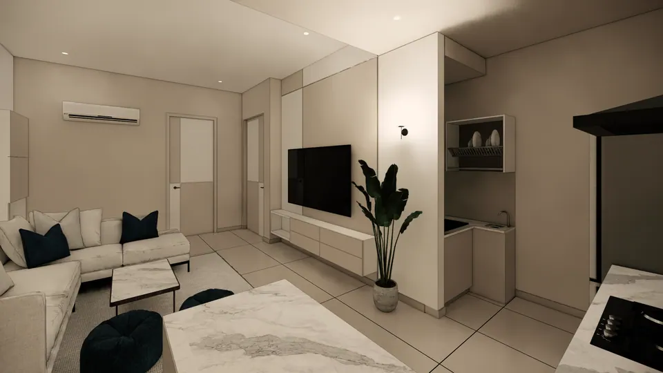 Rendered living room corner: the sofa, a TV wall with a tall plant and a kitchen counter with a sink and dish rack