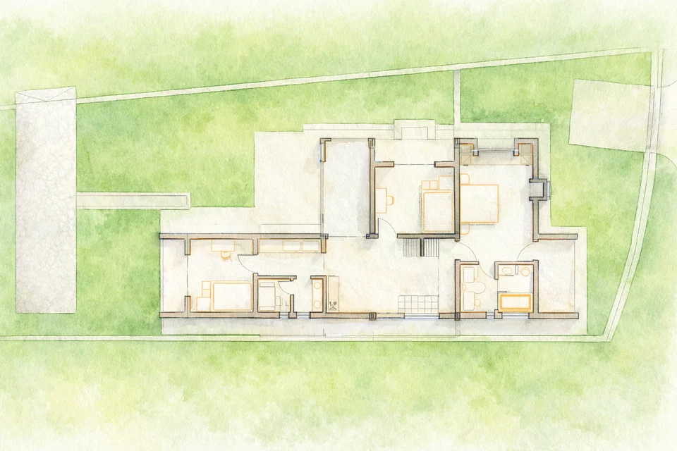 Watercolour-style first floor plan with bedrooms, bathrooms and the stair, set in a green garden plot