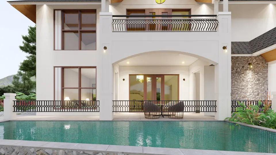 Rendered pool terrace: an arched loggia with chairs, a balcony with an ornate railing above and a stone-clad wall