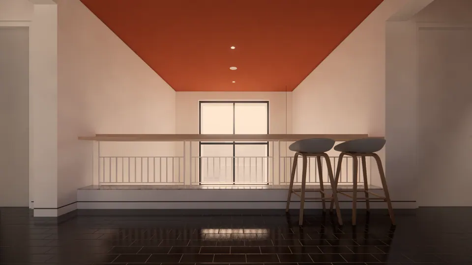 Rendered upper hall with a counter and bar stools along the gallery railing under a terracotta ceiling