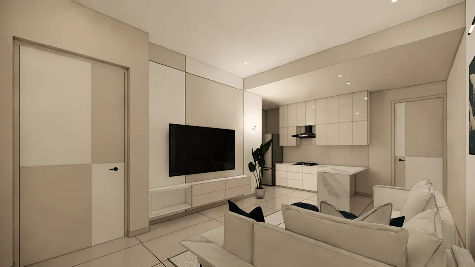 Rendered living area seen from the entrance: a two-tone door, a low TV unit and sofas, with the kitchen beyond