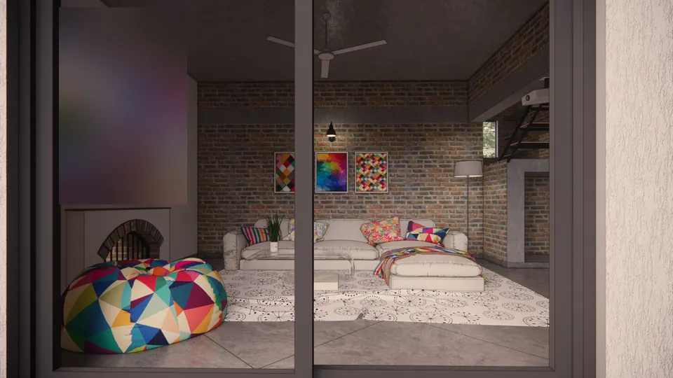 Rendered living room seen through a glazed door: a projection wall over a brick fireplace, a bean bag and sofas