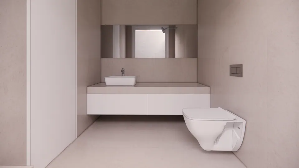 Rendered bathroom: a vessel basin on a floating white vanity, a wide mirror and a wall-hung WC