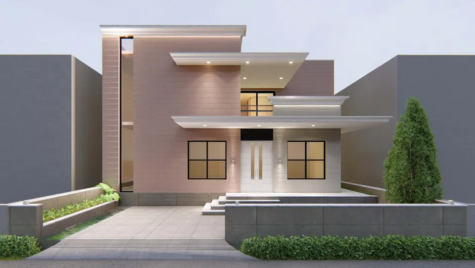 Rendered front of a two-storey house in mauve tile cladding with cantilevered white slabs, black-framed windows and front steps
