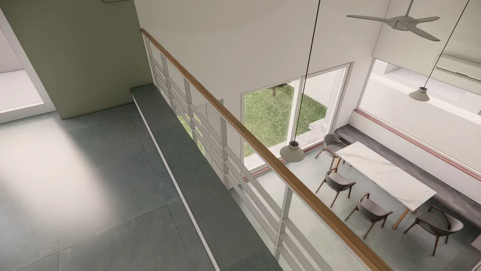 Rendered gallery with a timber handrail overlooking the dining table and the garden doors below