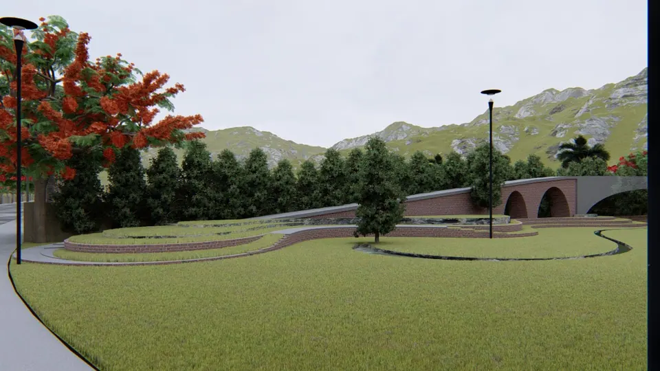 Rendered park with terraced lawn mounds, a winding path and a brick arched bridge beyond