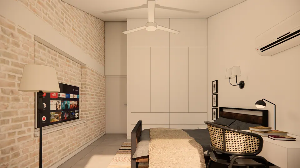 Rendered bedroom with white wardrobes, a desk with a cane chair, a floor lamp and a TV in the brick wall