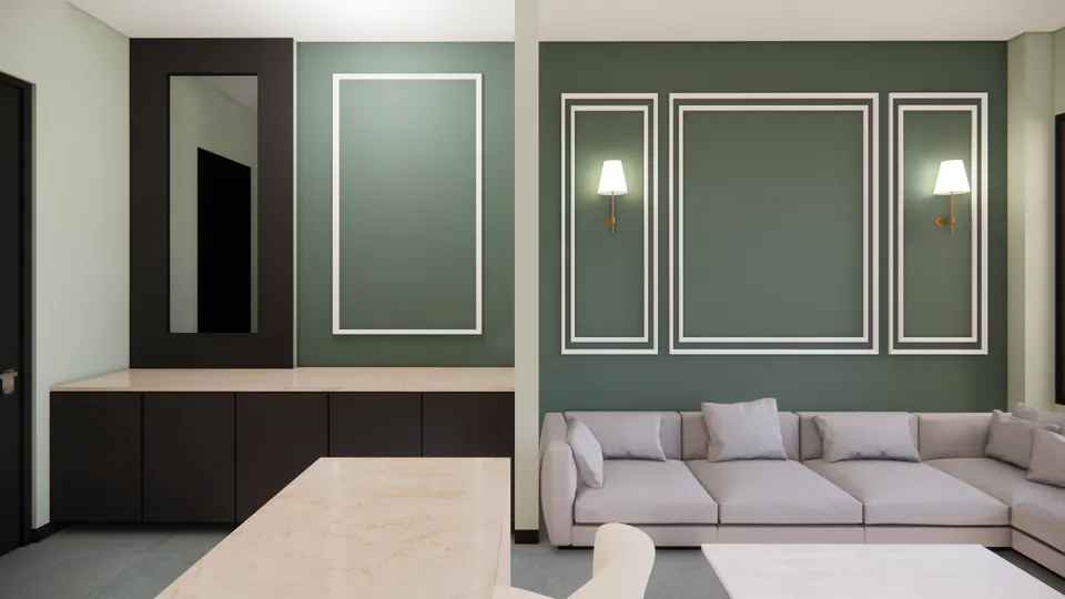 Rendered living area: dark storage units with a tall mirror, green panelled walls, a grey sofa and a marble counter