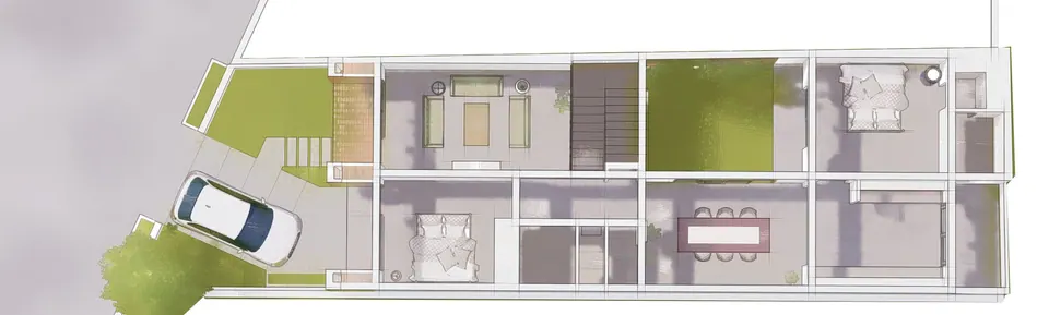 Rendered 3D ground floor plan: parking at the front, then living room, bedrooms and dining arranged around a turfed courtyard