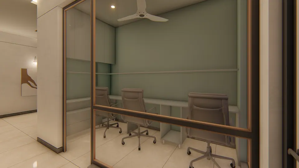 Rendered glass-walled room with grey office chairs along a built-in desk and sage walls