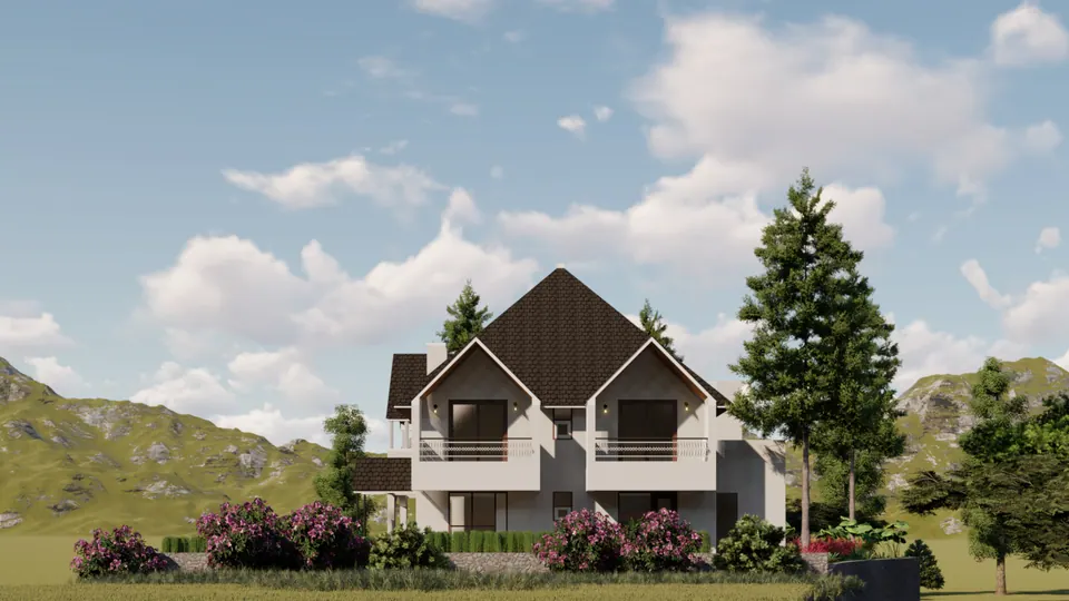 Rendered distant view of the house from the garden: twin gables and dark roofs against grassy hills