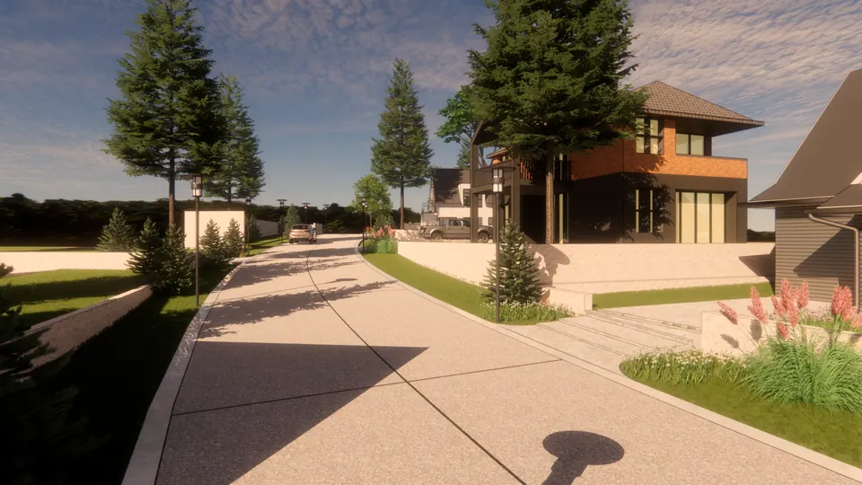 Rendered street rising between lawns and conifers towards a two-storey house with brick and dark cladding