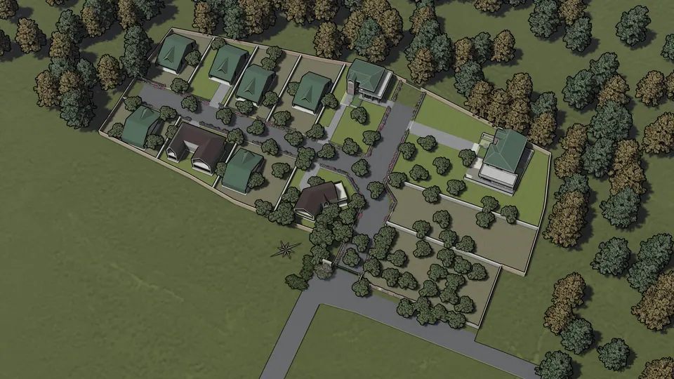Rendered top-down view of the site: houses with green roofs on lawned plots, internal roads and surrounding trees
