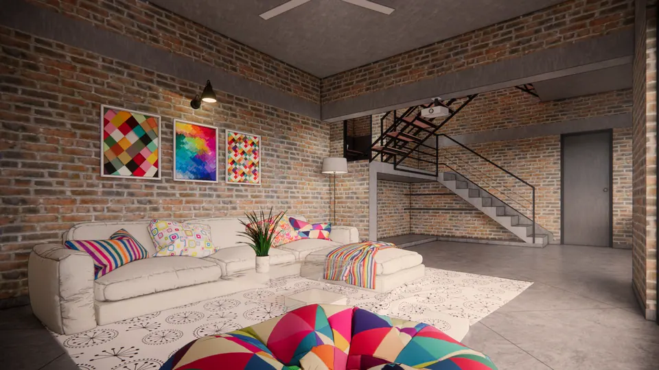 Rendered living room with a white sofa, colourful cushions and prints on an exposed brick wall, a stair behind