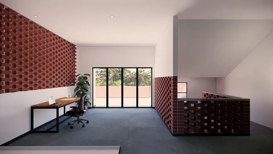 Rendered upper lounge: a timber desk, brick jali walls and black-framed glazed doors to the roof terrace