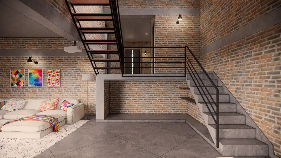Rendered living room under the steel stair and a concrete landing, white sofas and colourful prints on brick