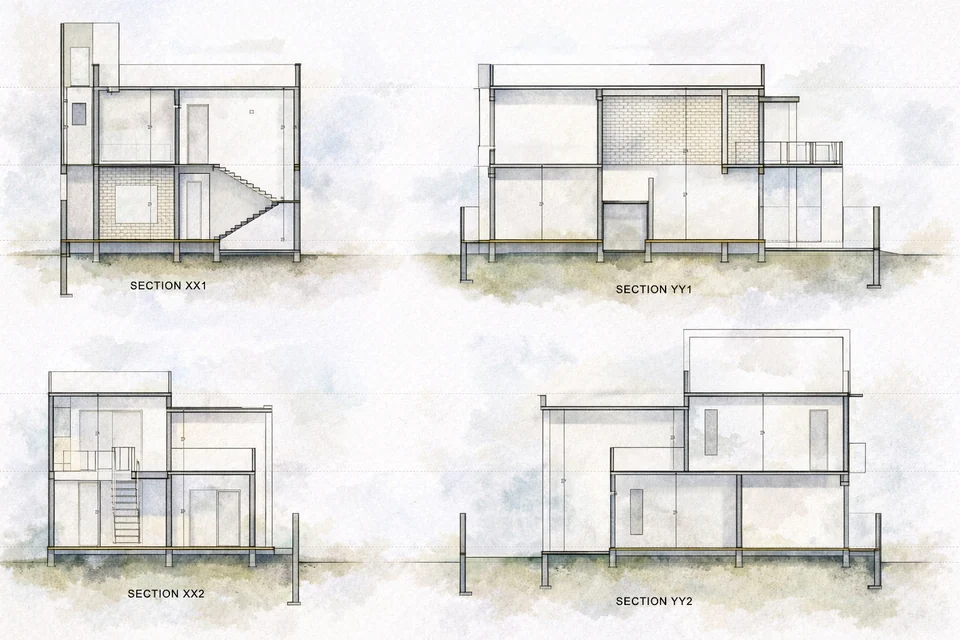 Four watercolour-washed sections through the two-storey house, showing the stairs, a brick feature wall and the terrace room