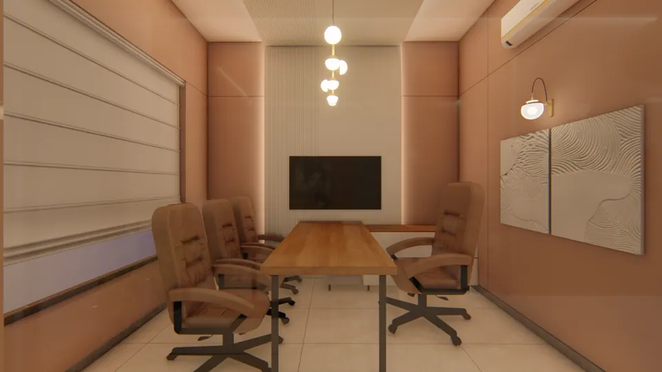 Rendered meeting room with a timber table, tan leather chairs, a wall screen and textured wall art