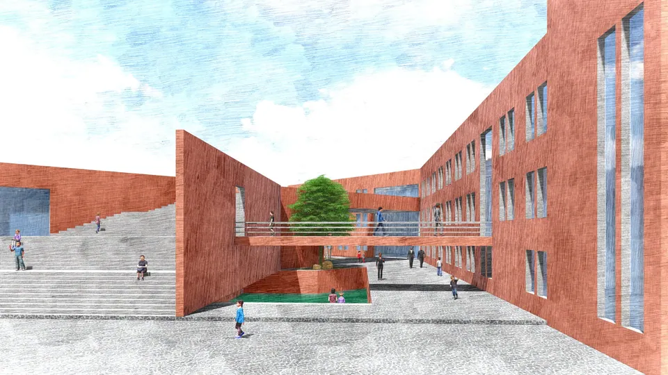 Watercolour-style render of a courtyard with broad steps between brick-red blocks, a bridge with planting and small figures