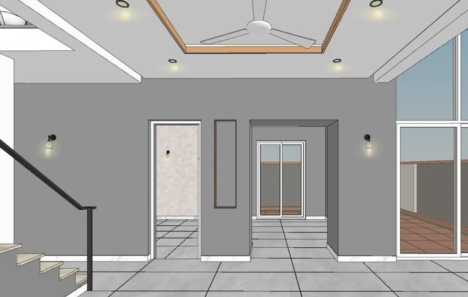 Untextured model view of the stair lobby: doorways, wall lights and a glazed door to a terrace