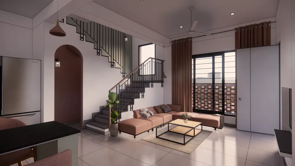 Rendered living room with a pink sectional sofa, a steel stair, an arched door and a window screened by perforated brick