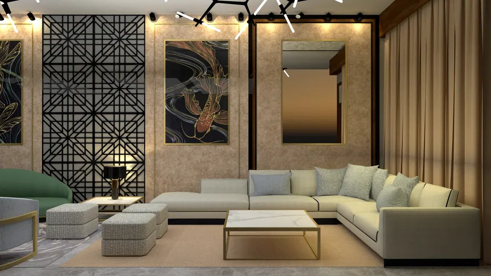 Rendered living room with a beige sectional sofa, a marble table, a green sofa, lattice screens, koi artworks and a mirror