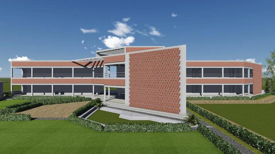 Rendered school entrance: a perforated brick screen wall and a steel canopy between two long two-storey wings, lawn in front