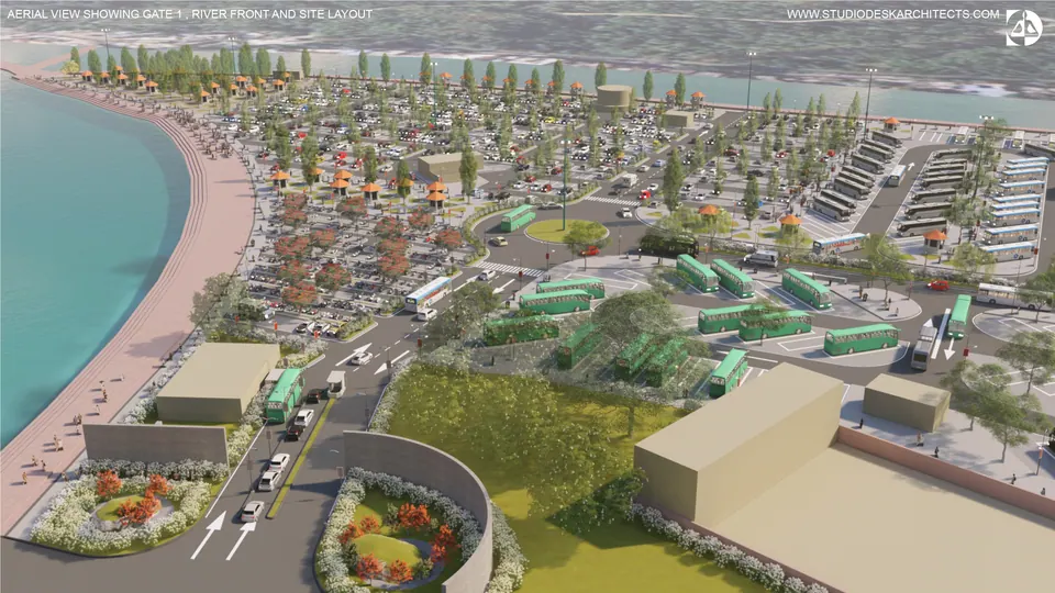 Rendered aerial of the whole site along the river: gate 1 with planted islands, bus and car parking beyond