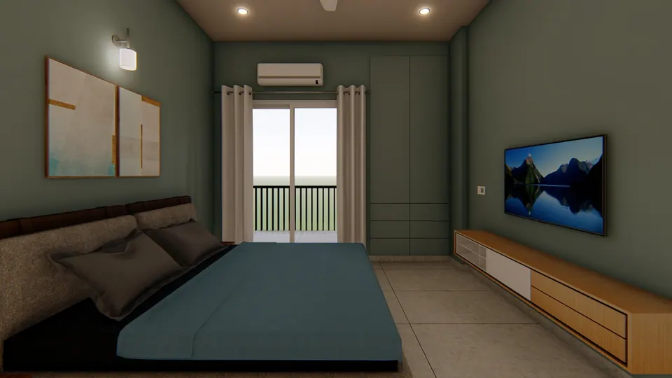Rendered bedroom with sage walls, a low double bed, a long timber TV console and a balcony door