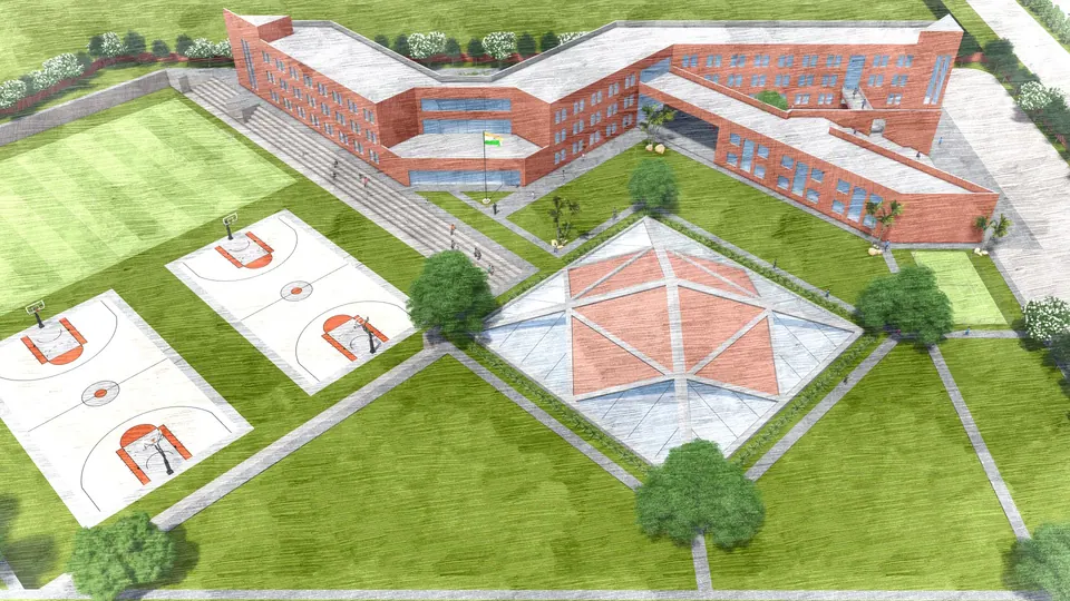 Watercolour-style bird's-eye render of the V-shaped school building with basketball courts and a pyramid-roofed pavilion