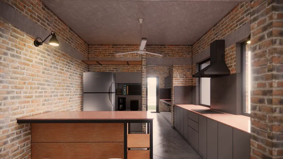 Rendered kitchen with a timber-topped island, a steel fridge, a black hood and exposed brick walls
