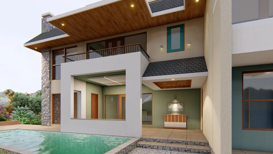 Rendered porch frame seen across the pool: a white portal, a balcony with a timber rail above and a lantern inside