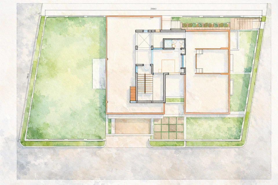 Watercolour-style second floor plan: a compact room at the stair head with roof terraces around it