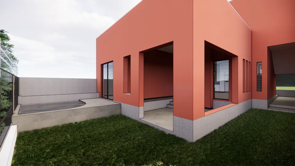 Rendered garden side of the house: a deep recessed porch, slit windows and a raised paved terrace above the lawn