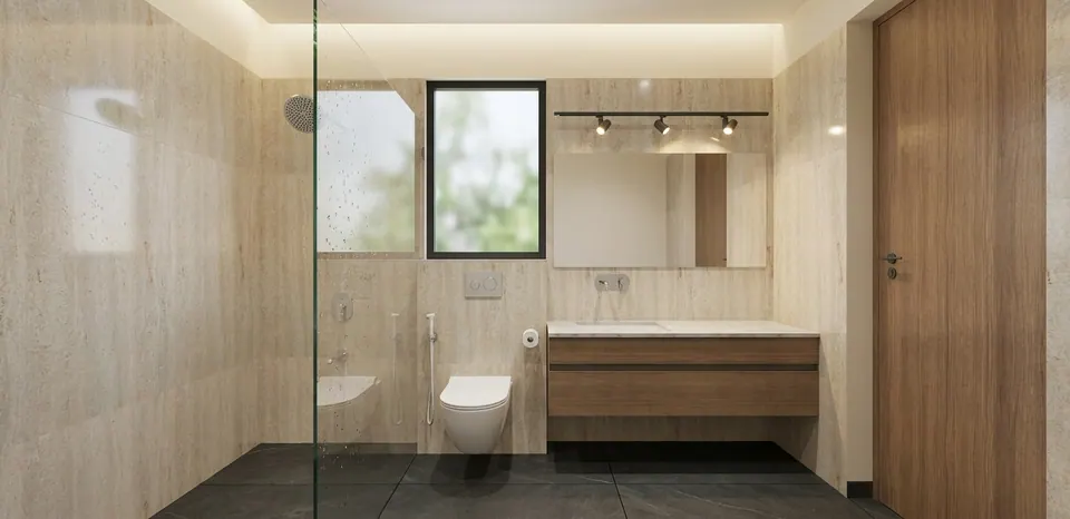 Rendered bathroom: travertine-look walls, a glass shower screen, a wall-hung WC and a floating timber vanity