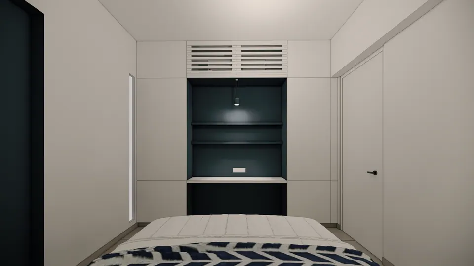 Rendered wardrobe wall with a central teal desk niche lit by a pendant, beneath a louvred grille