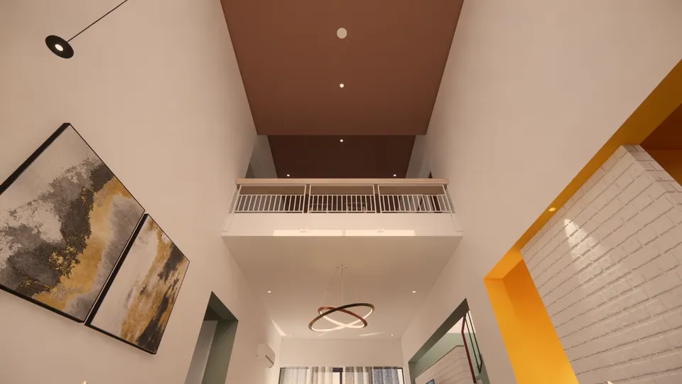 Rendered upward view of the double-height space with a white-railed gallery, a ring pendant and gold prints