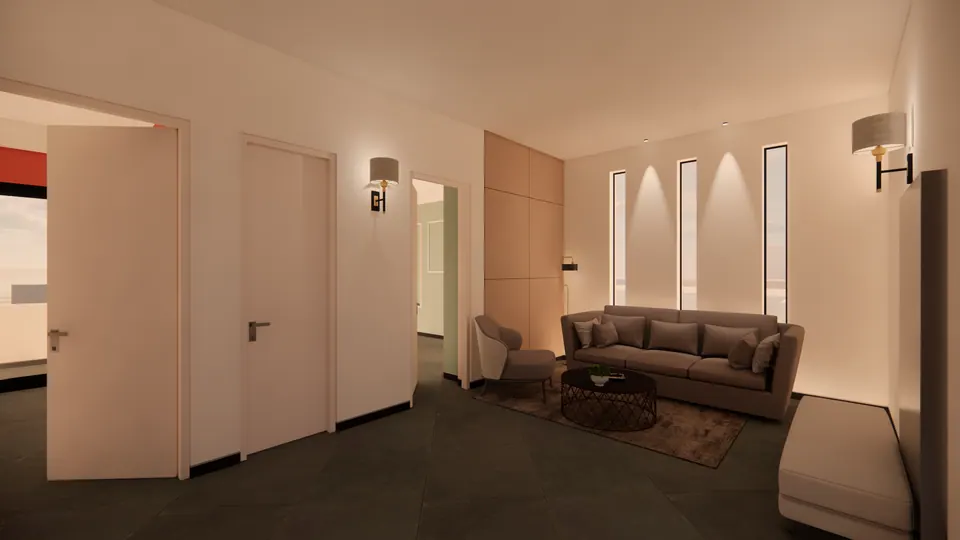Rendered sitting area with a sofa and armchair below lit slit windows, white doors to adjoining rooms