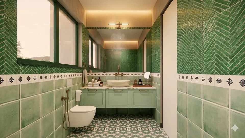 Rendered bathroom: green herringbone and square tiles, a patterned border and floor, a sage vanity and a wall-hung WC