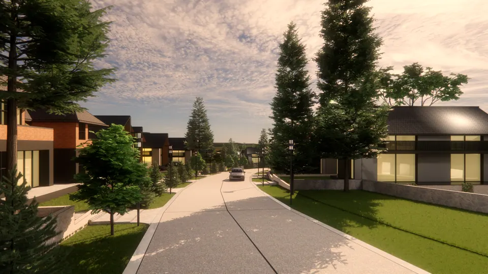 Rendered straight road past a lawn to houses with brick facades and lit glazing