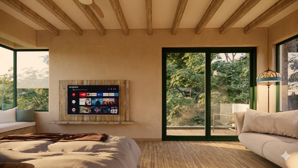 Rendered main bedroom facing a TV on a timber panel between green-framed glass doors to a balcony among trees