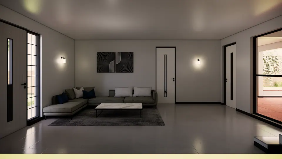 Rendered living room: an L-shaped sofa and a marble-topped coffee table on a dark rug, a two-panel artwork and glazed doors to the verandah
