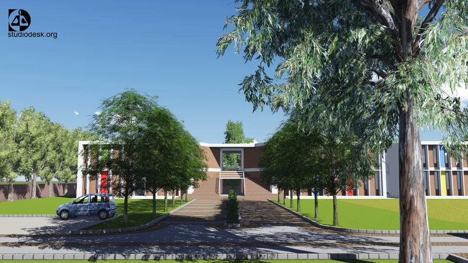 Rendered approach to the school: a paved drive and wide steps rising between two wings of brick piers and coloured panels