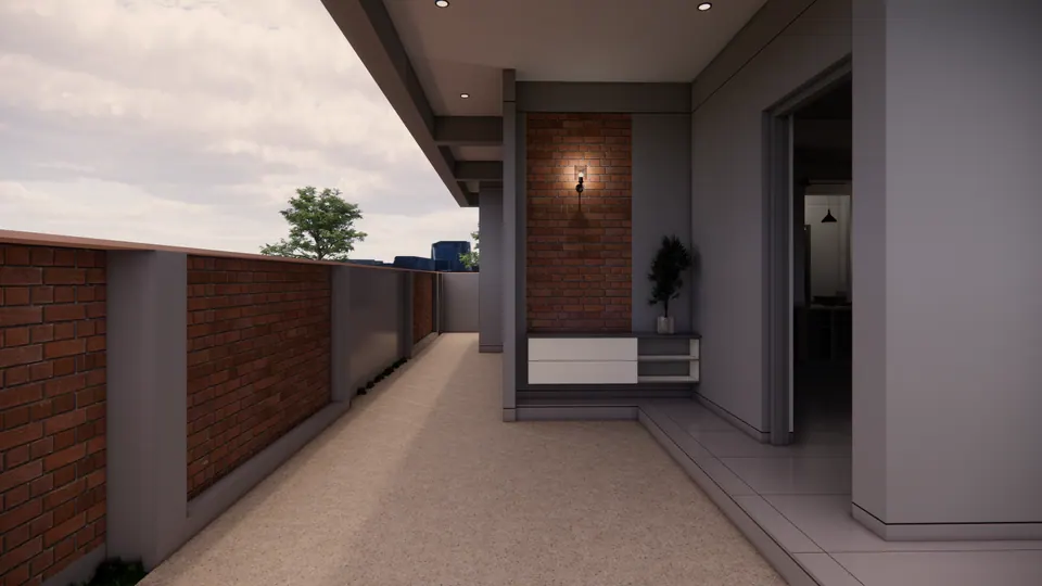 Rendered side passage between a brick boundary wall and the house, with a brick-clad entrance panel and a wall light